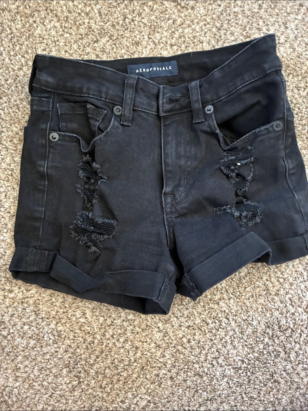 Aeropostale Black Distressed Rolled Hem Jean Shorts